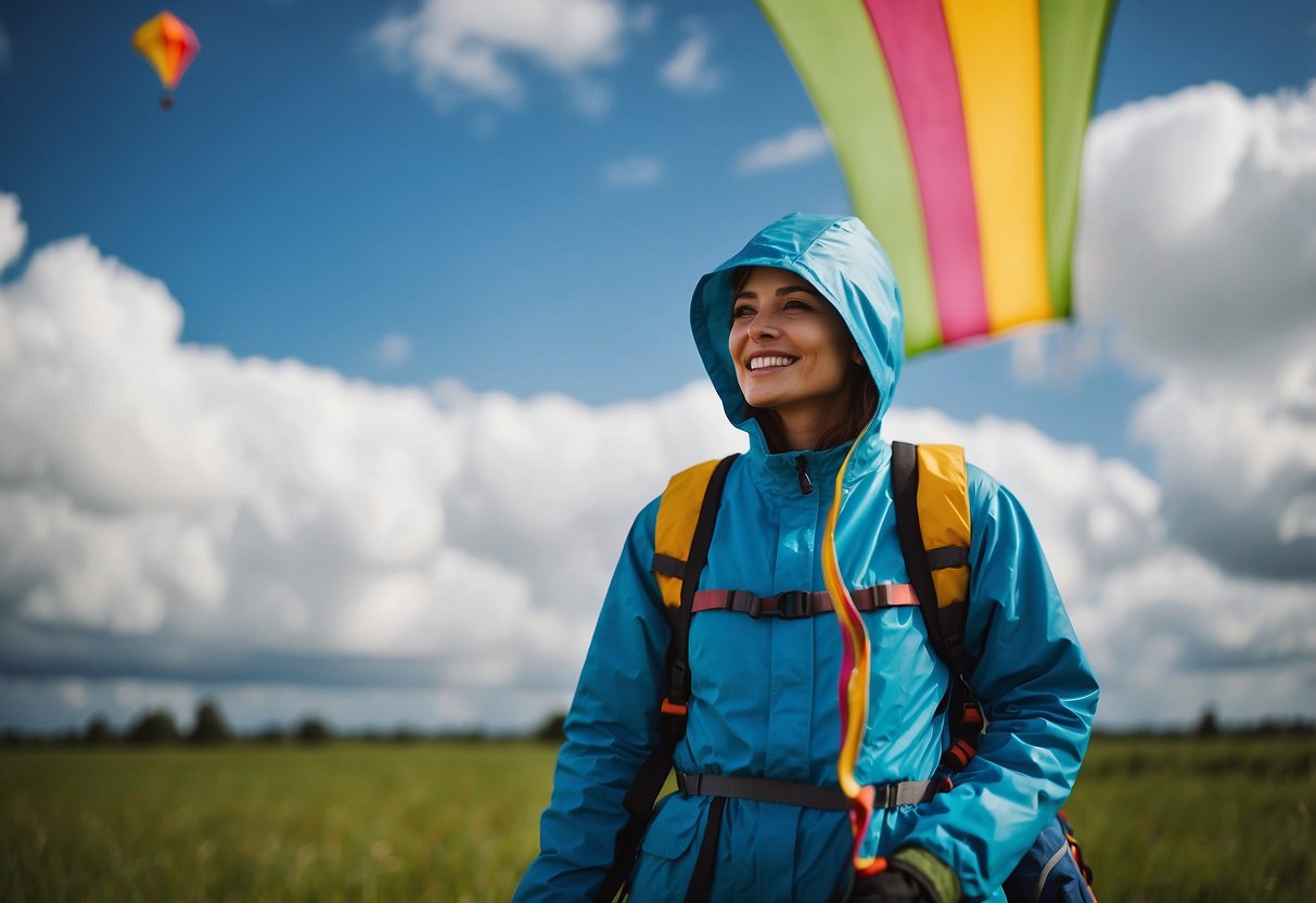 Bright blue sky, fluffy white clouds, a colorful kite flying high, and a person wearing lightweight rain gear