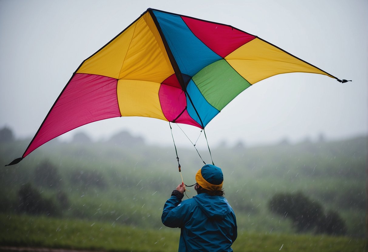 A colorful kite flying high in the sky, while a light rain falls. A person wearing lightweight rain gear watches from below