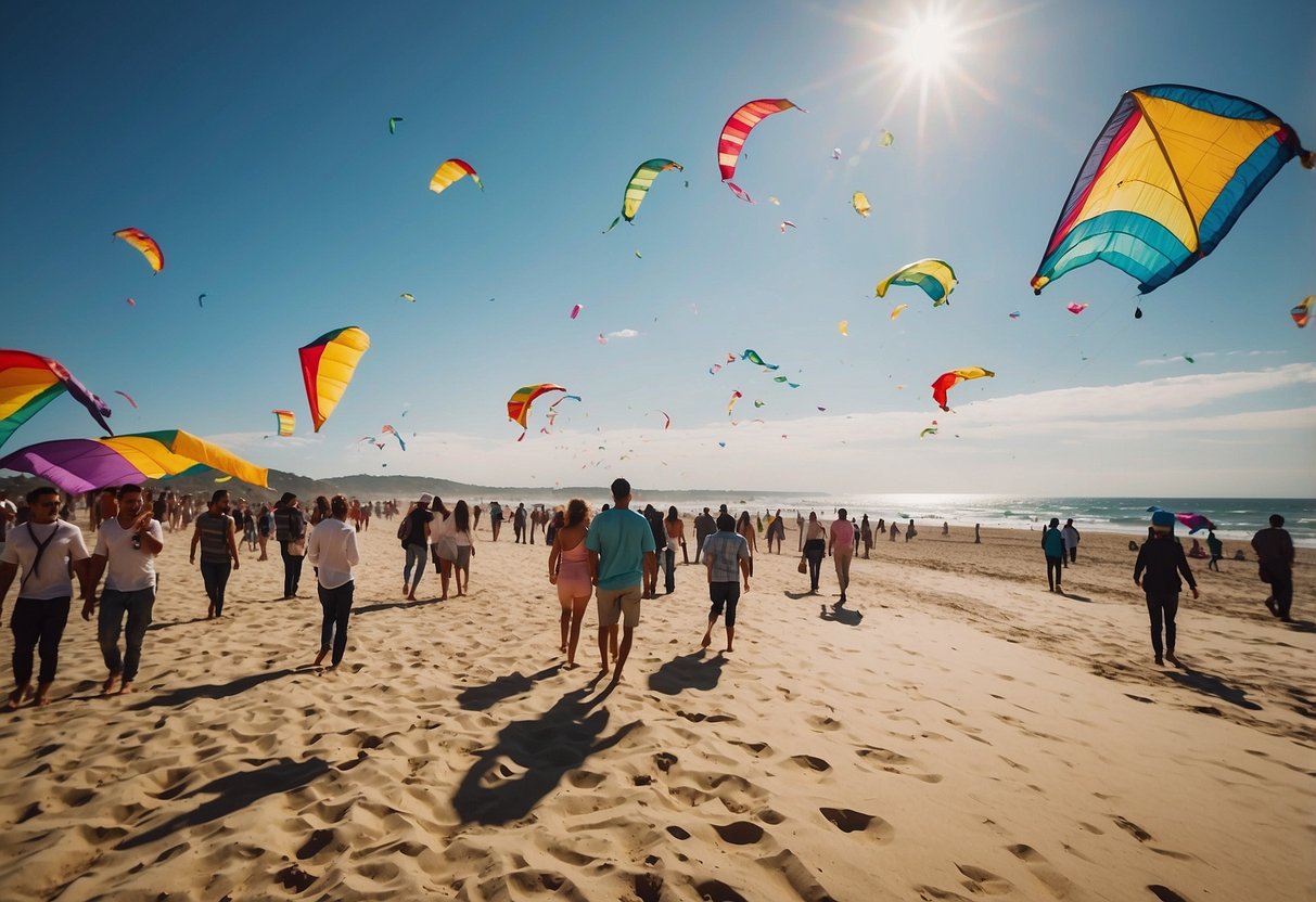 A sunny beach with colorful kites soaring in the sky, carried by a gentle breeze. A group of people joyfully flying kites, surrounded by lightweight kite flying packs