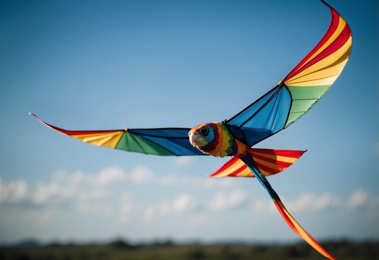 A colorful kite soars high in a clear blue sky, its long tail trailing behind as it catches the breeze. The lightweight pack sits nearby, ready for adventure