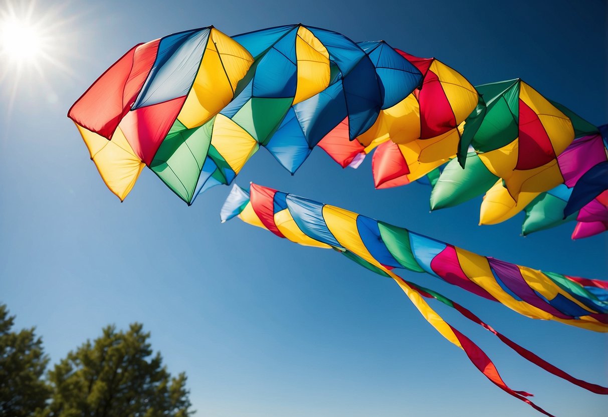 Colorful kites soaring in a clear blue sky, pulled by the wind with the HQ Rush V Pro 10 Lightweight Kite Flying Packs