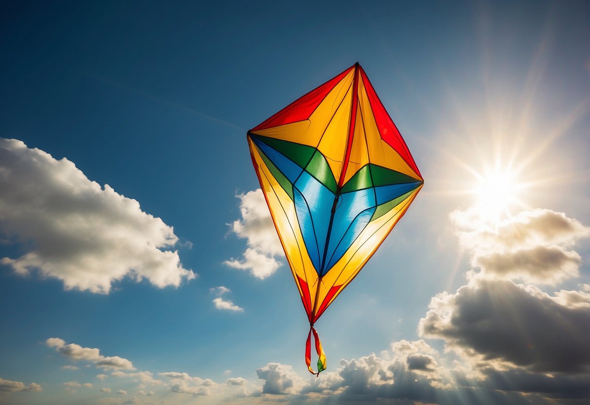 A colorful large kite soars high in the sky, held by a sturdy string. The sun shines brightly, casting a warm glow on the vibrant design of the kite as it dances gracefully in the wind
