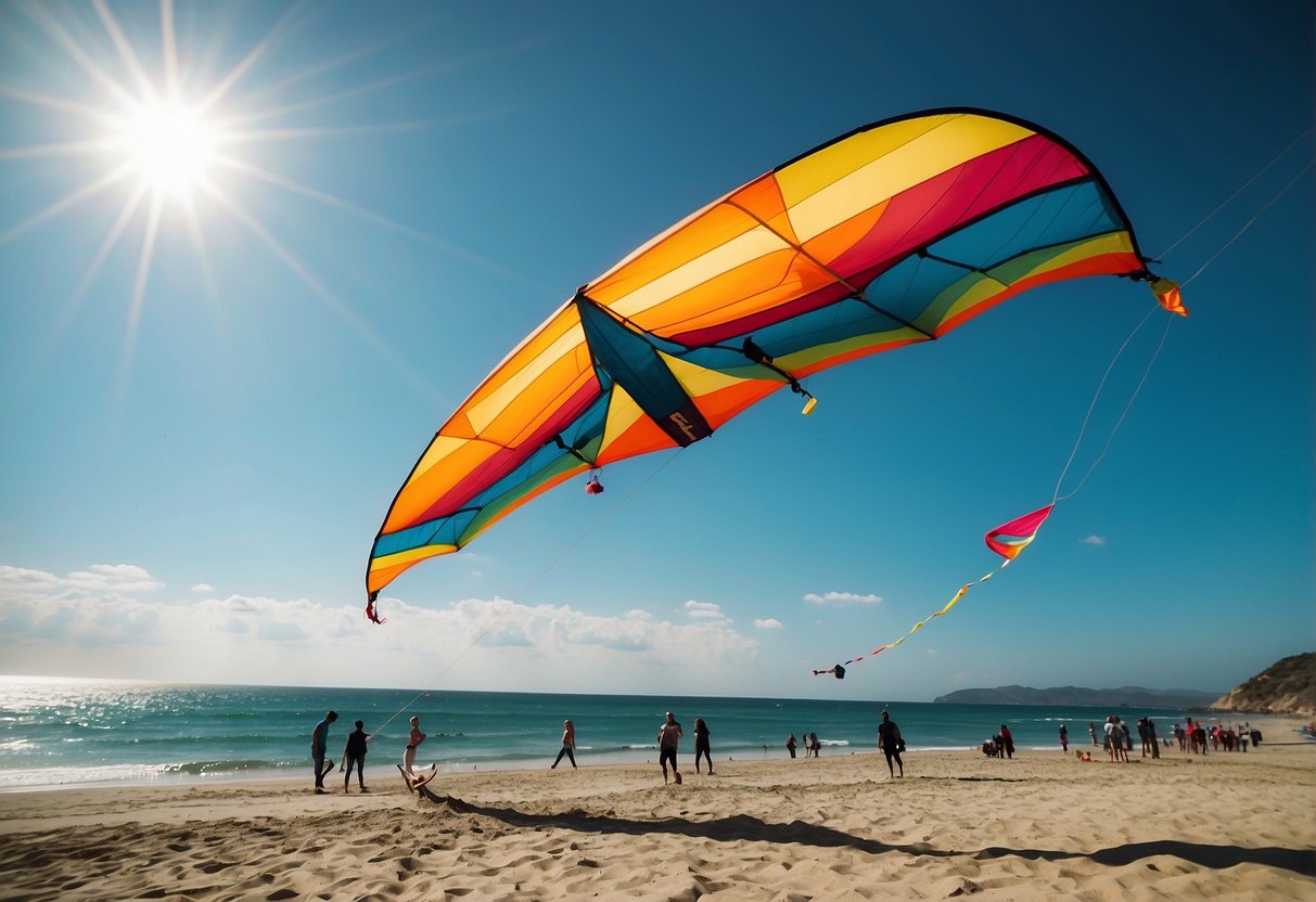 A vibrant beach scene with a colorful Slingshot RPM V12 kite flying high in the sky, surrounded by lightweight kite flying packs