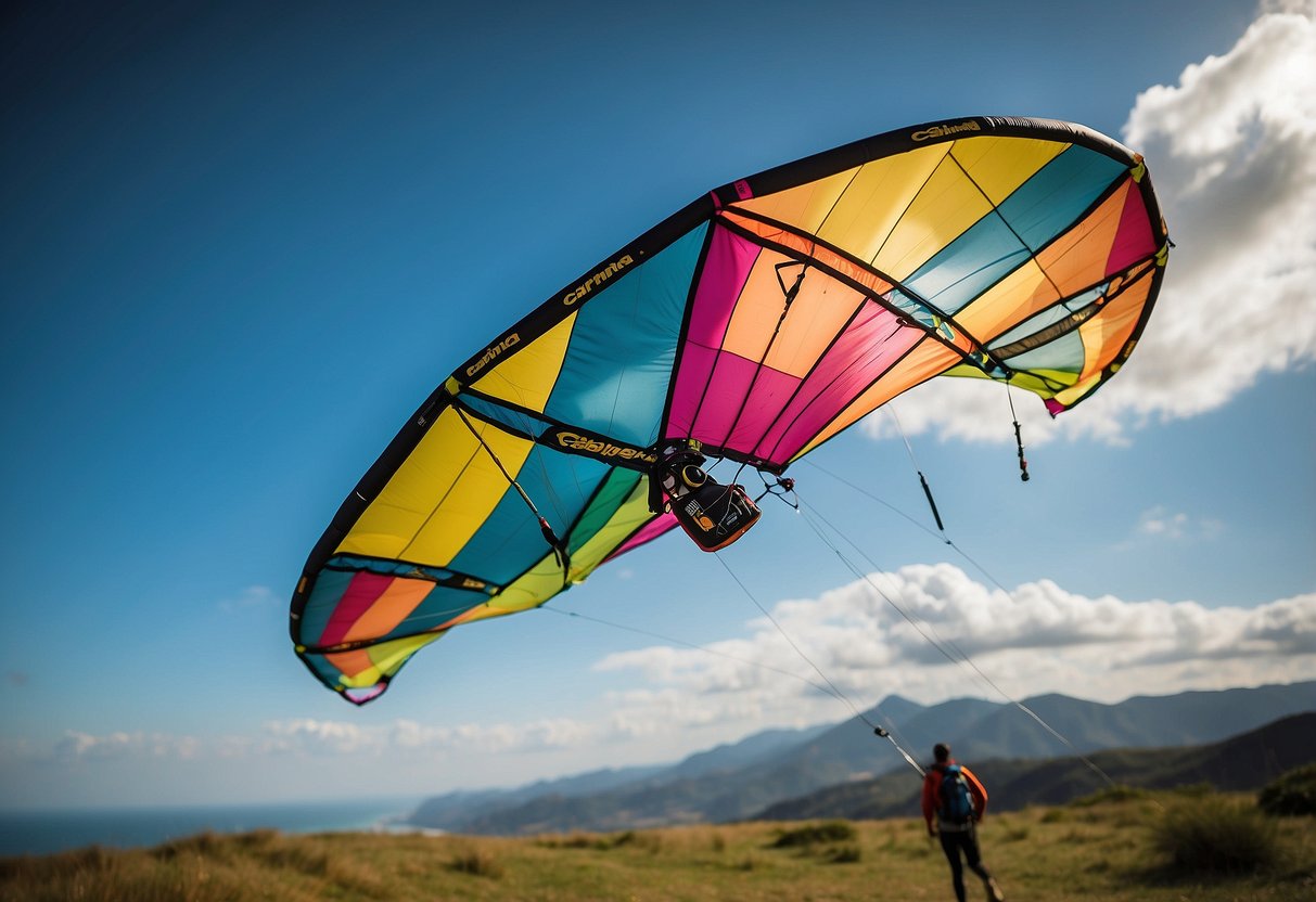A colorful Cabrinha Drifter 10 kite flying pack, lightweight and compact, soaring through the sky with the wind