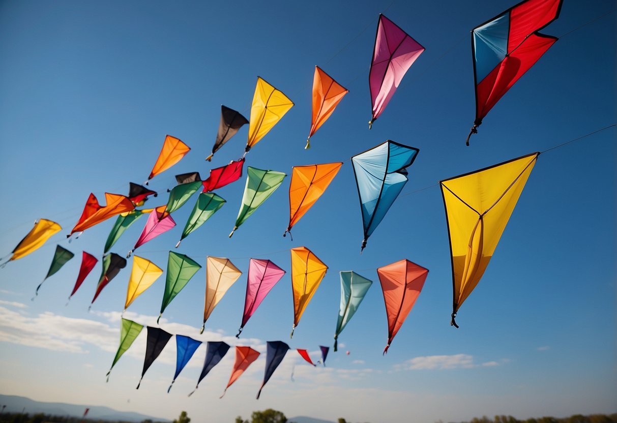 Vibrant kites soar against a clear blue sky, tethered to lightweight packs labeled "HQ Apex V 10." The wind carries the colorful tails as the kites dance and flutter above