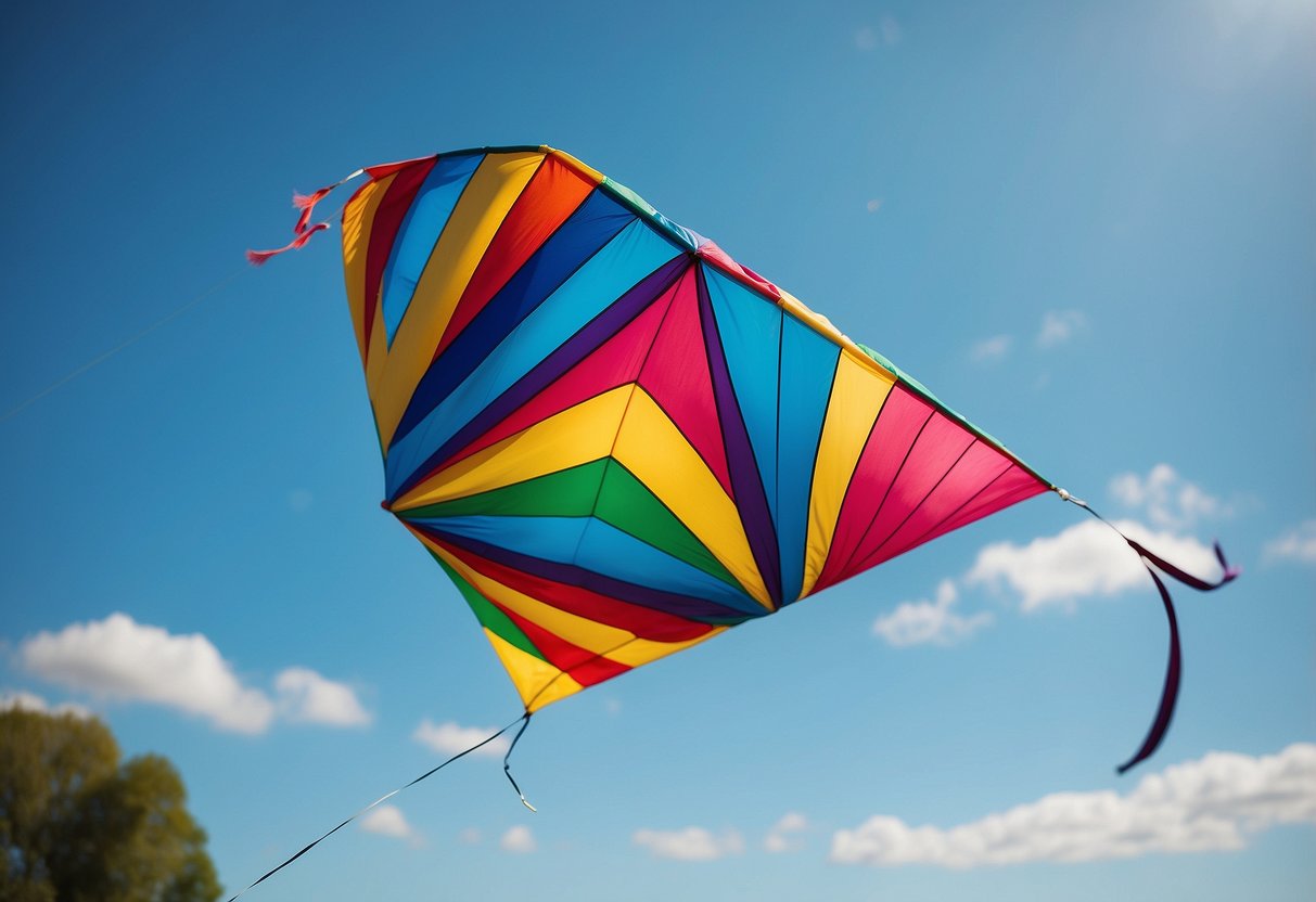 A colorful kite soars high in the clear blue sky, its long tail trailing behind it as it dances and swoops in the wind