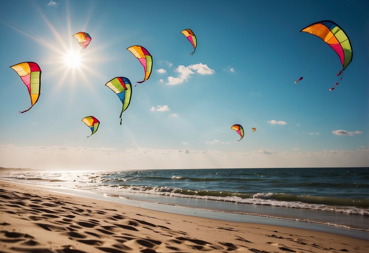 A sunny beach with colorful kites soaring in the sky, showcasing the ease and enjoyment of using lightweight kite flying packs