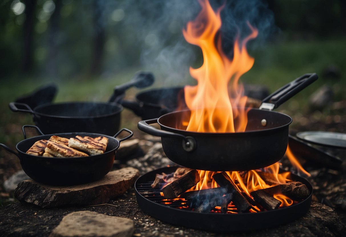 A campfire burns in the center of a clearing, with pots and pans scattered around. A makeshift grill sits over the flames, and a small table holds a variety of cooking utensils and ingredients