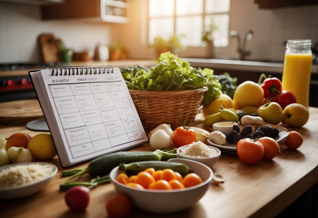 A kitchen table with a weekly meal planner, grocery list, and open cookbook. A basket of fresh produce and pantry staples nearby. A stove and pots in the background