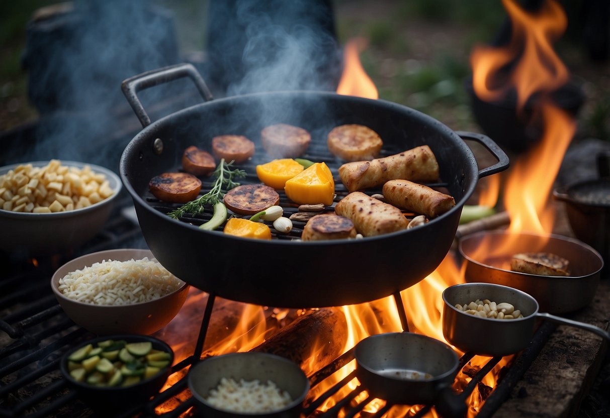 A campfire with a non-stick pan on a grate, surrounded by various cooking utensils and ingredients. Smoke rises from the fire as food sizzles in the pan