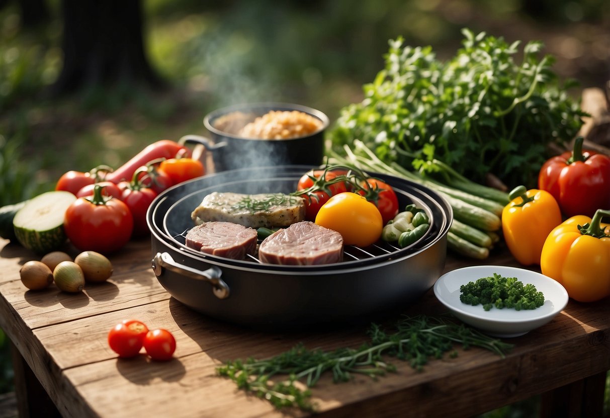 Fresh vegetables, herbs, and meats laid out on a rustic wooden table. A portable stove and cooking utensils nearby. Outdoor setting with a hint of adventure