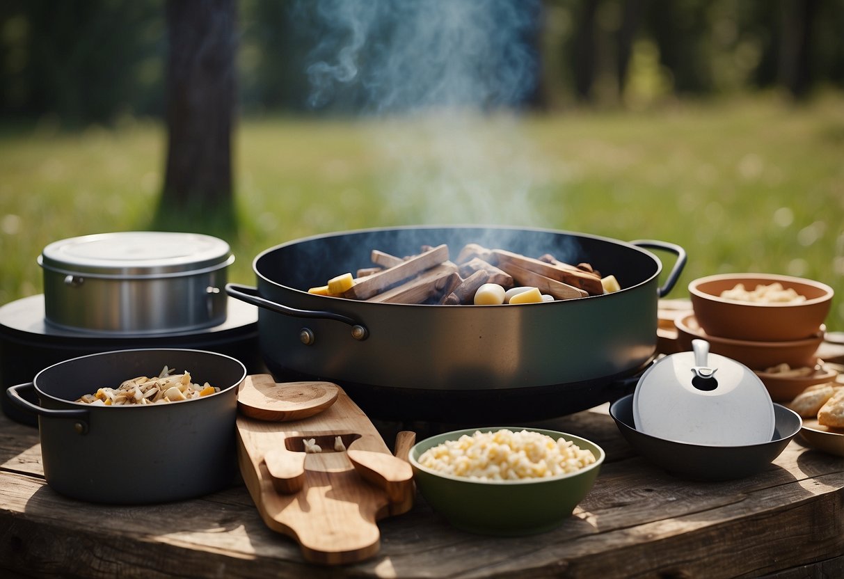 Ingredients stored in airtight containers on a rustic outdoor cooking setup. Fire pit, grill, and camping utensils nearby. Natural surroundings with trees and open sky
