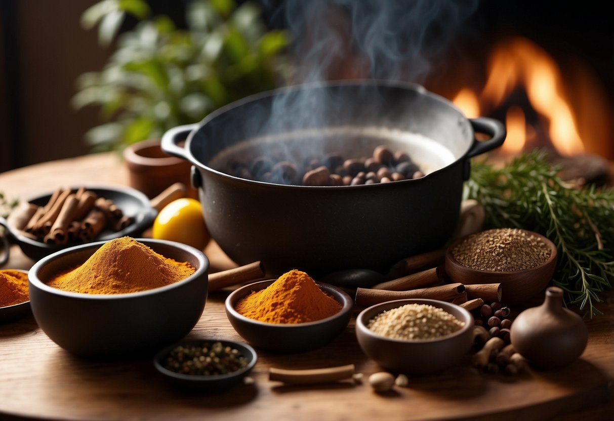 A table with various spices neatly arranged, a campfire in the background, and a pot and pan ready for cooking