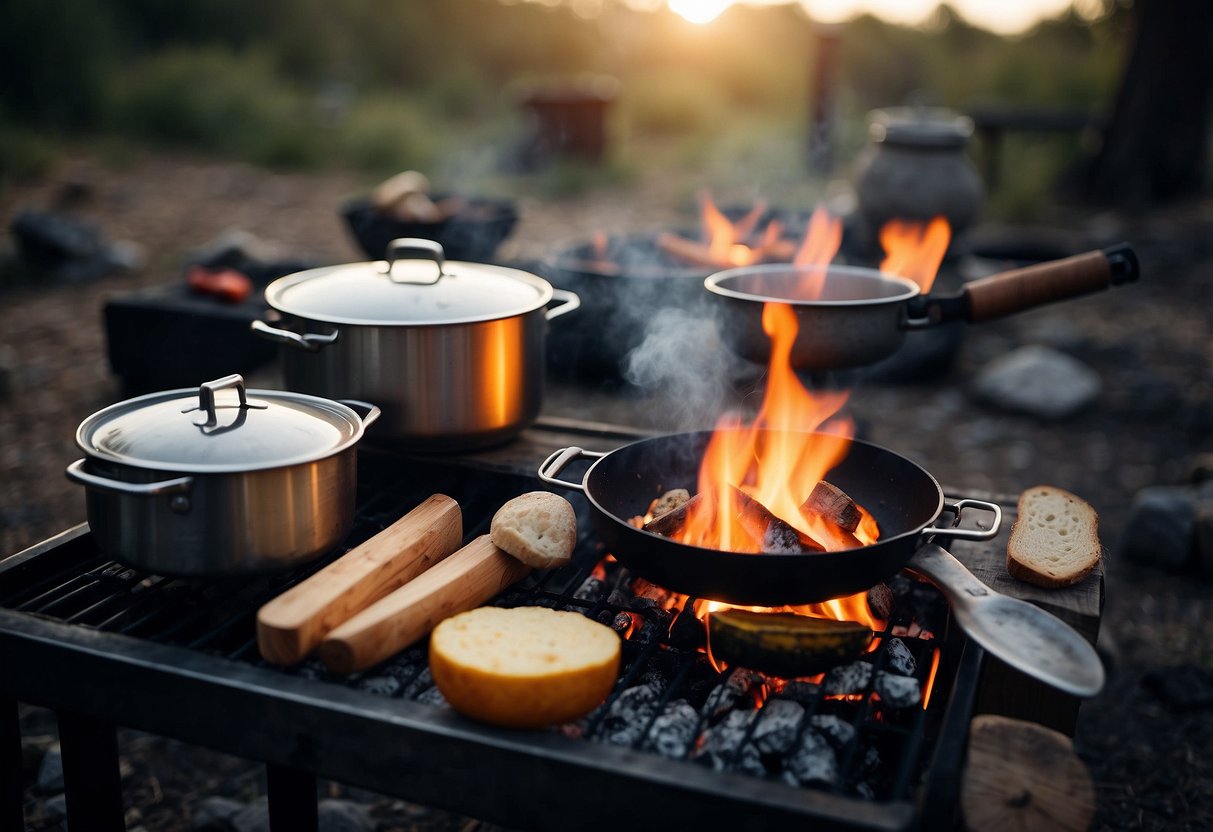 A campfire with a pot hanging over it, surrounded by various cooking utensils and ingredients laid out on a makeshift outdoor kitchen counter