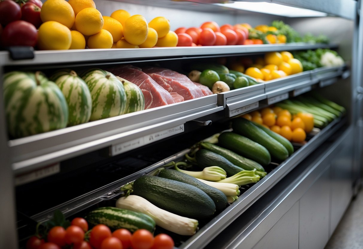 Fresh produce in a cooler, labeled and organized. Raw meat sealed in leak-proof containers. Thermometers for checking temperatures. Clean cutting boards and utensils. Sanitizing wipes and hand sanitizer nearby. All stored in a clean, well-ventilated