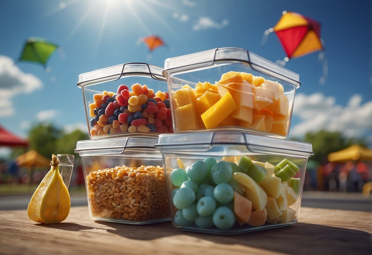 Vacuum-sealed containers hold food as kites fly. Use clear skies, colorful kites, and a variety of food items to create an engaging illustration