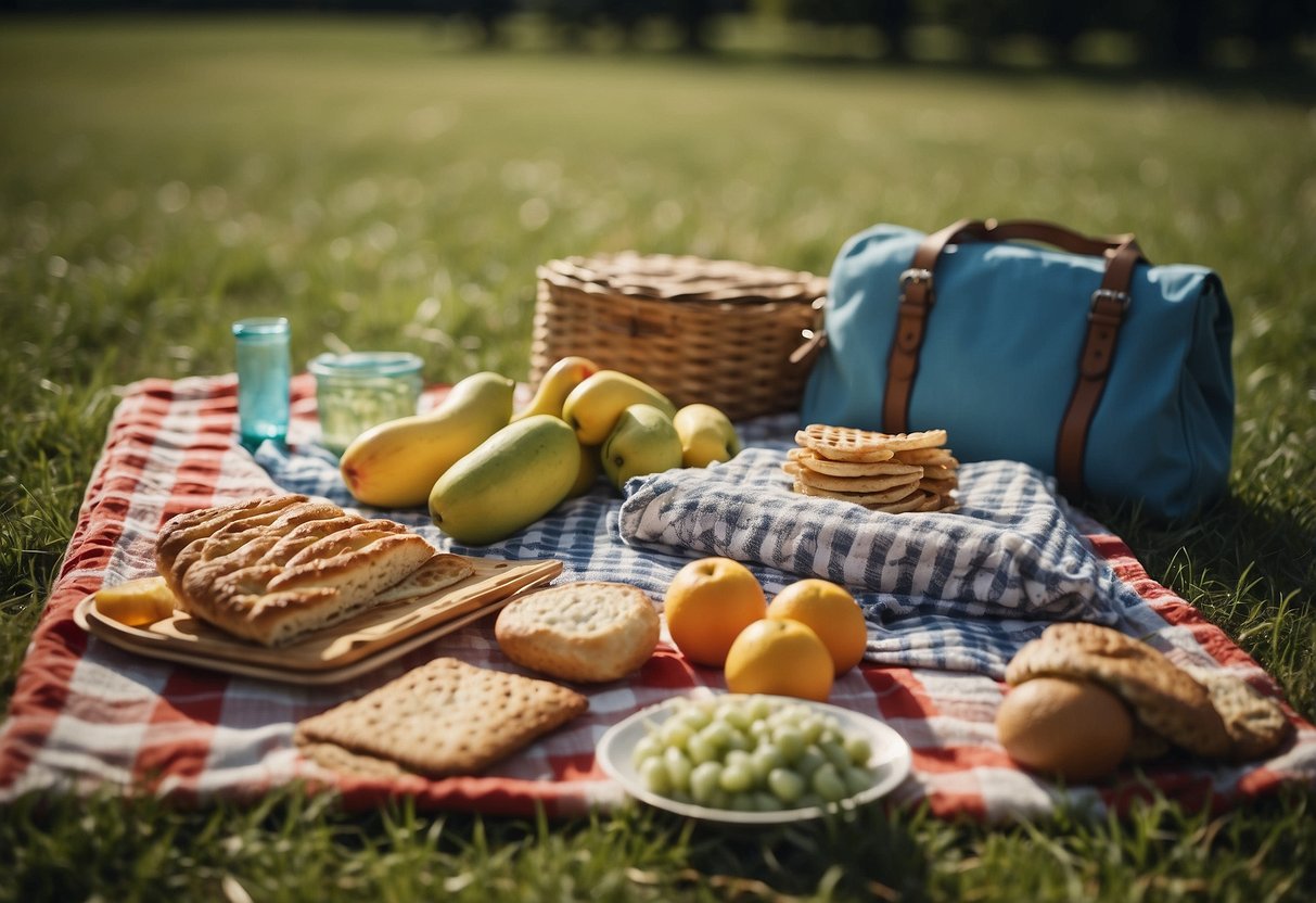 A picnic blanket on a grassy field with a kite flying in the sky. Reusable silicone bags filled with food items neatly organized in a corner