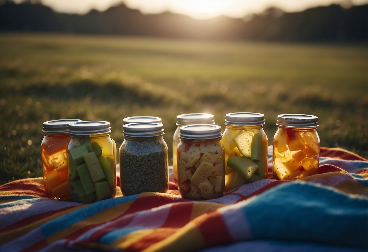 A colorful kite flying high in the sky, with a picnic blanket spread out below. Five thermal food jars are neatly lined up on the blanket, each filled with a different delicious meal