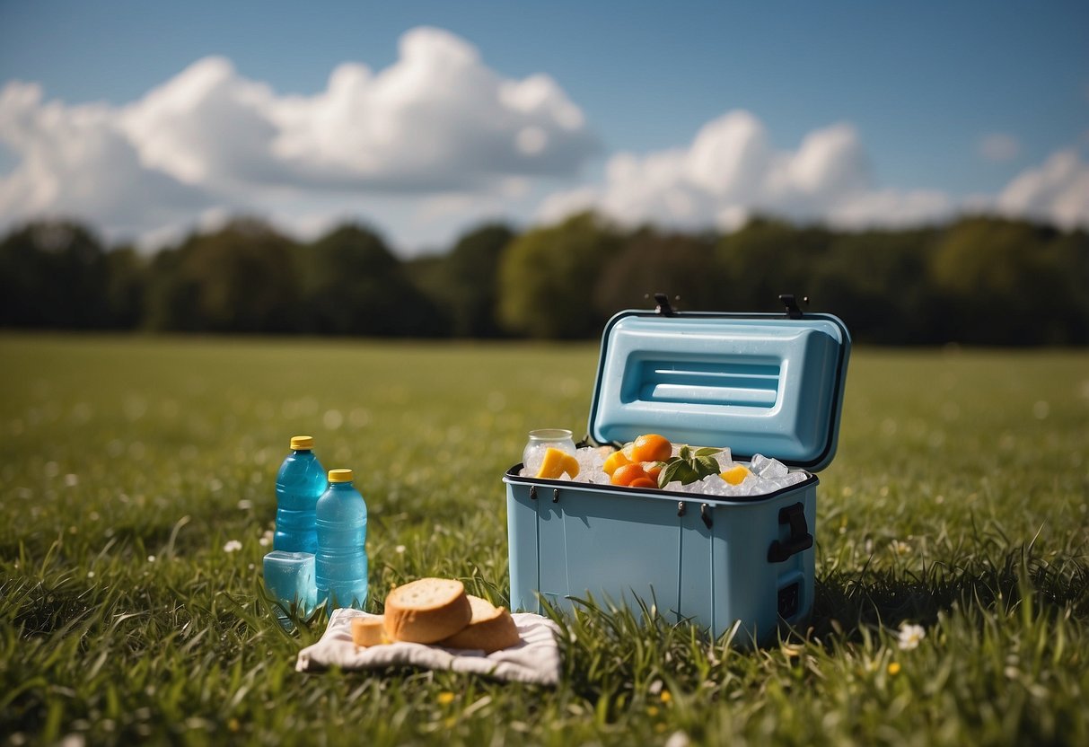 A portable cooler sits open on a grassy field, filled with ice packs. Nearby, a kite flies in the sky, while a variety of food items are neatly organized inside the cooler