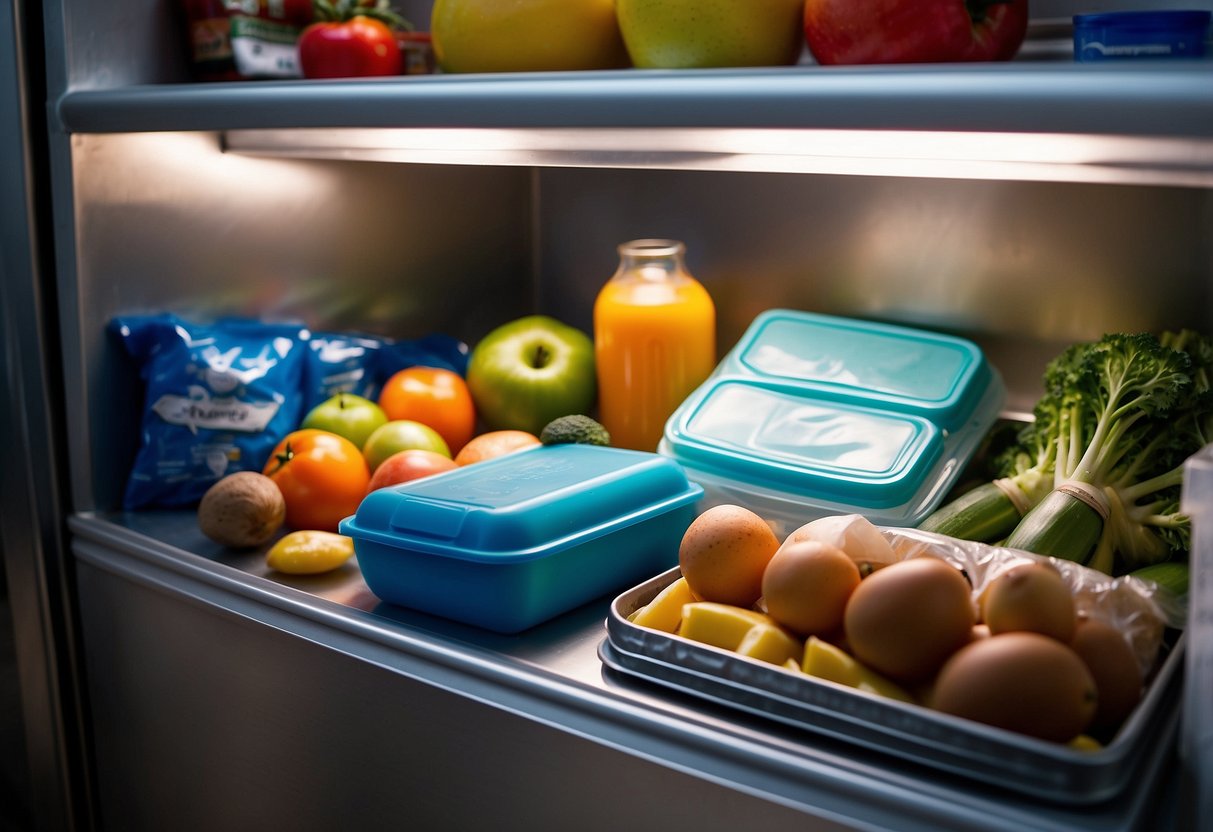 Food stored in cooler with ice packs, insulated bags, or thermos. Keep perishables in airtight containers. Avoid direct sunlight. Use a portable refrigerator or cooler. Keep non-perishables in a secure, dry place