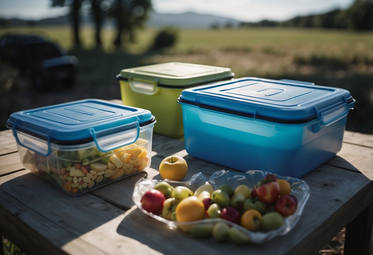 Food stored in airtight containers on a stable surface. A cooler with ice packs and sealed bags for perishables. A secure picnic basket. Airtight containers for snacks. Insulated water bottles