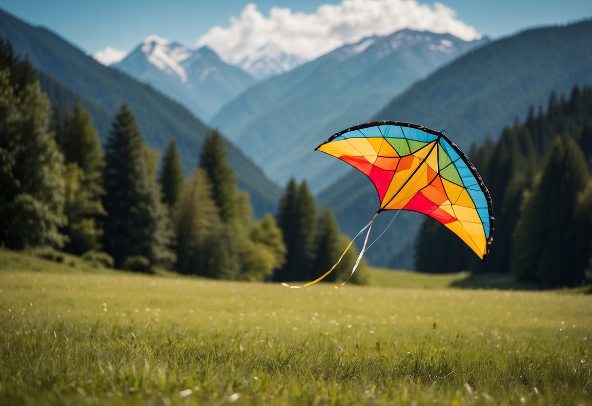 A colorful kite soars above a vast, open field surrounded by lush, green forests and snow-capped mountains in the distance. The clear blue sky provides the perfect backdrop for the kite flying adventure