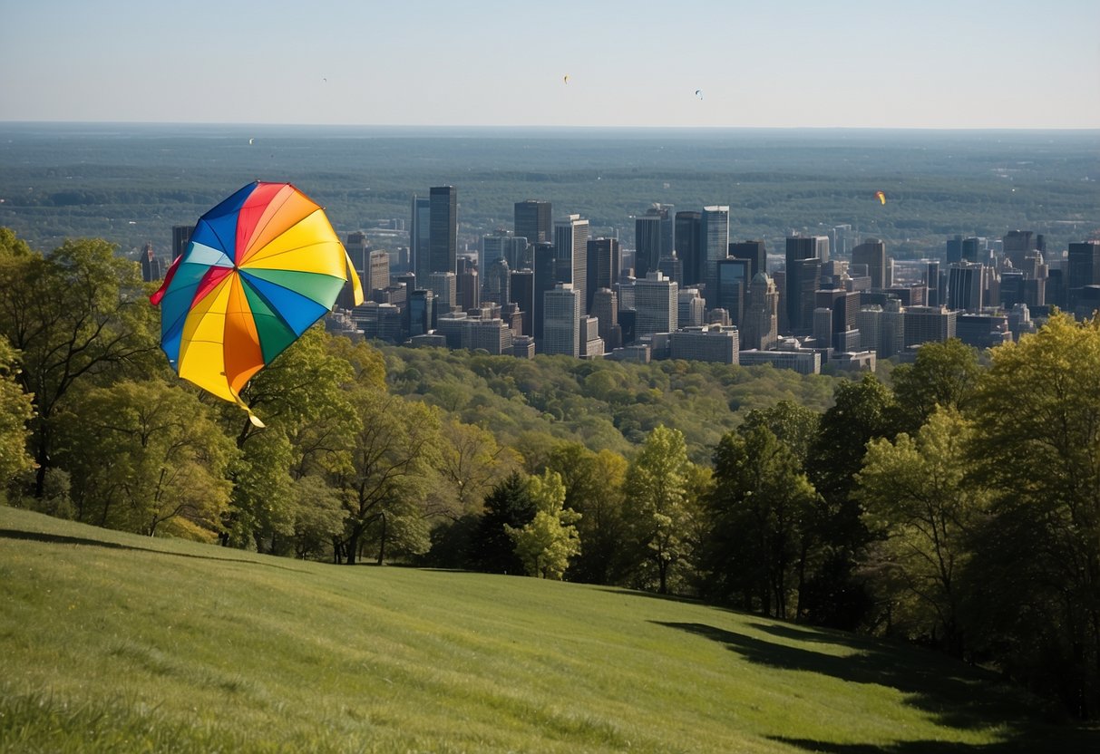Mont-Royal Park, Montreal: Rolling hills, lush greenery, and a clear blue sky provide the perfect backdrop for colorful kites soaring high in the air