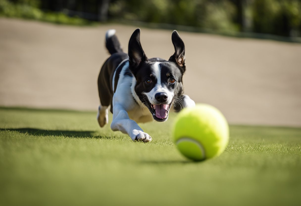 A dog eagerly chases after a tennis ball, its tail wagging and eyes fixed on the bright yellow object. The dog's body is tense with excitement as it prepares to pounce on the ball