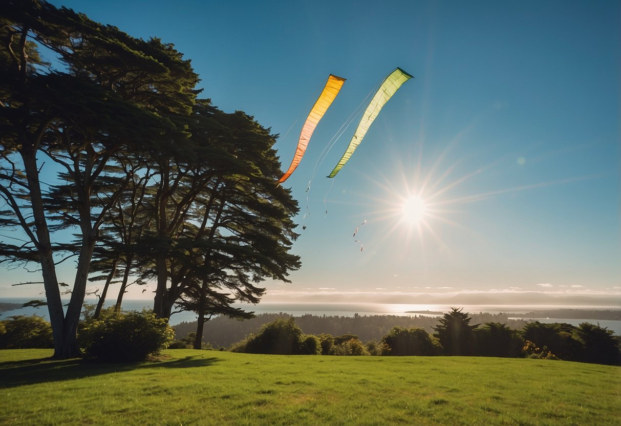 Beacon Hill Park: lush green fields, colorful kites soaring against a bright blue sky, surrounded by tall trees and distant ocean views