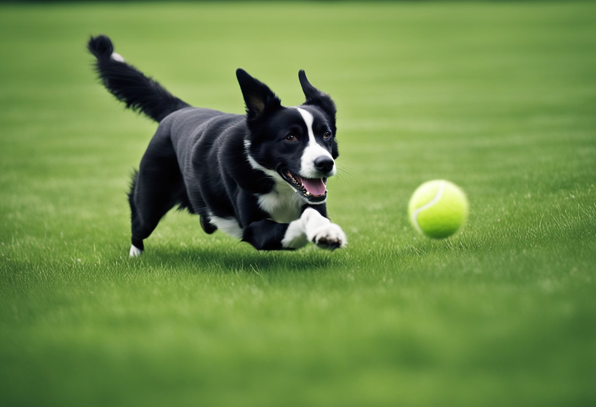 A dog eagerly chases after a tennis ball, its tail wagging with excitement as it bounds across the grass, focused on the game of fetch