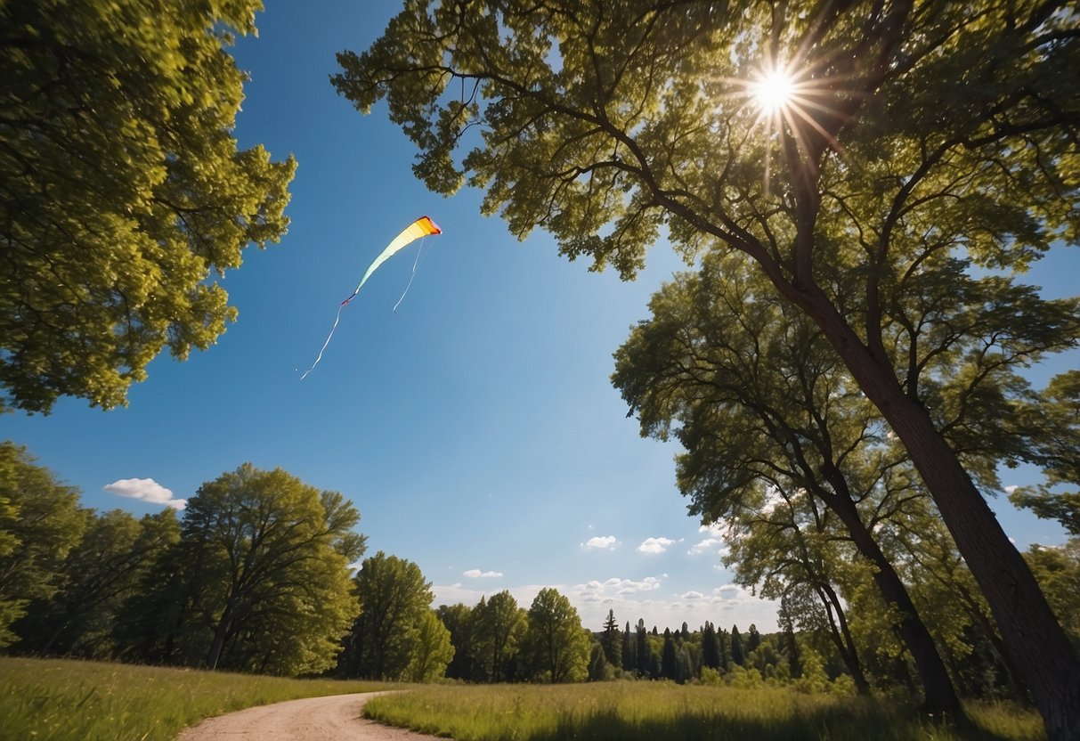 A colorful kite soars high above Assiniboine Park, with lush greenery and a winding path below. The bright blue sky provides a perfect backdrop for the joyful scene