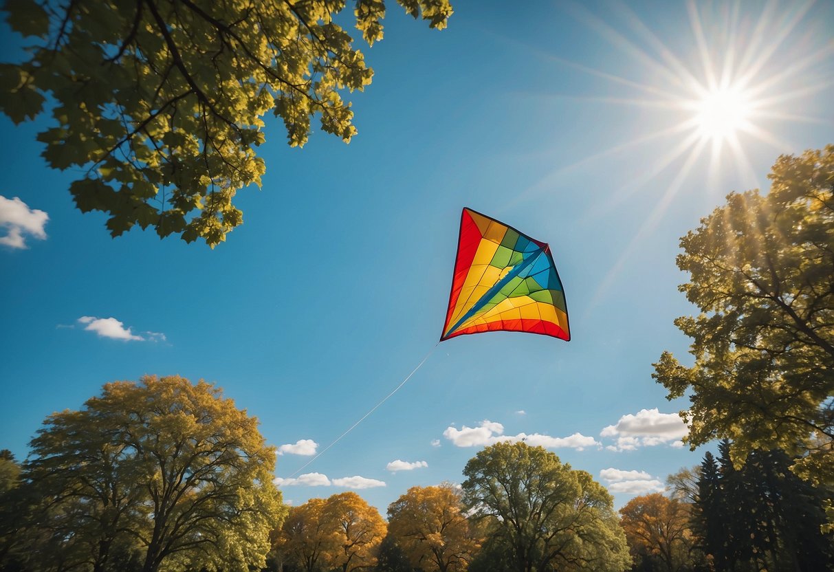 Trinity Bellwoods Park, Toronto: A colorful kite soars above the lush green trees, against a bright blue sky. The park is filled with families enjoying the sunny day