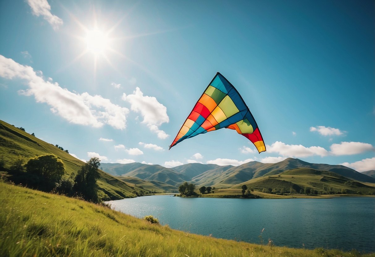 A bright, sunny day with clear blue skies and gentle winds. Rolling green hills and sparkling lakes in the background. Colorful kites soaring high in the air, creating a vibrant and picturesque scene