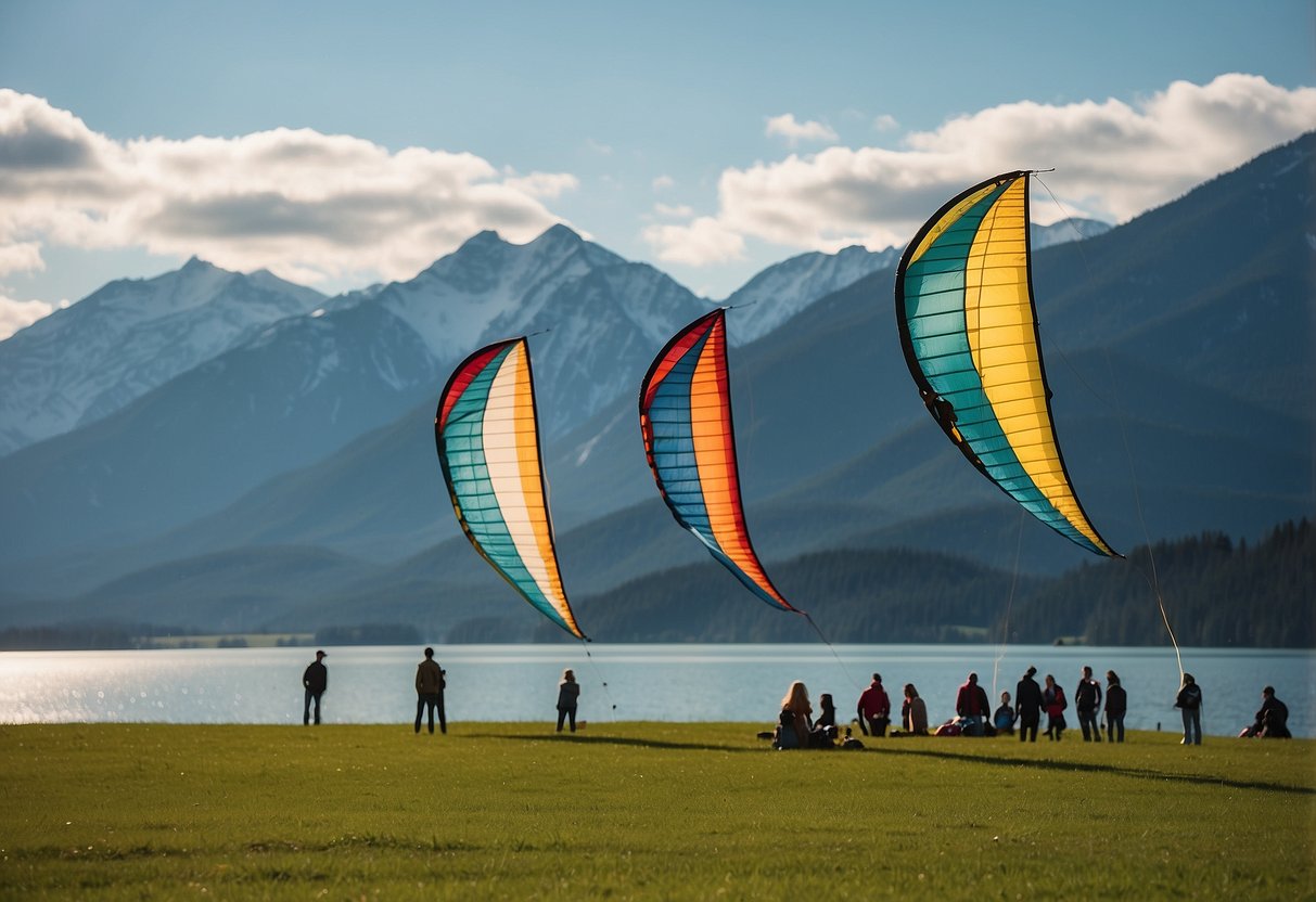 Vibrant kites soar above lush green fields, against a backdrop of snow-capped mountains and crystal-clear lakes. The sun casts a warm glow on the picturesque Canadian landscape, creating a serene and idyllic setting for kite flying