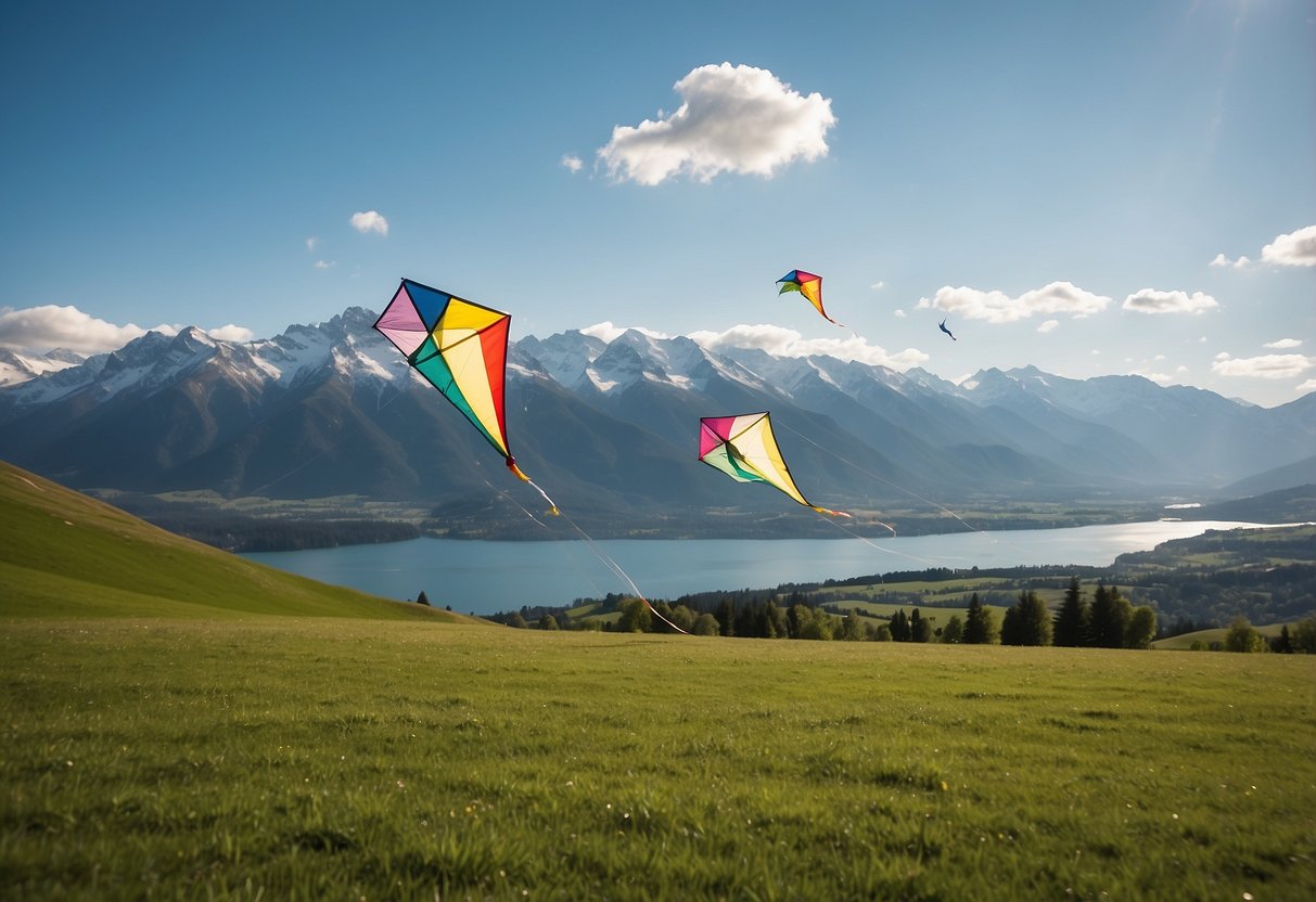 Brightly colored kites soar above lush green fields, with snow-capped mountains and crystal clear lakes in the background. The sun is shining, and a gentle breeze carries the kites through the sky