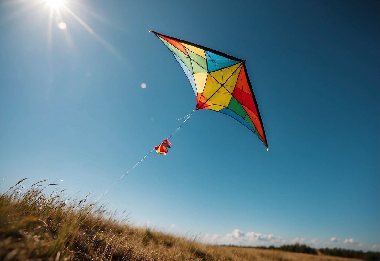 A colorful kite soaring in a clear blue sky, with a picnic blanket spread out below. A trash bag nearby for any litter, and a bottle of hand sanitizer on the blanket