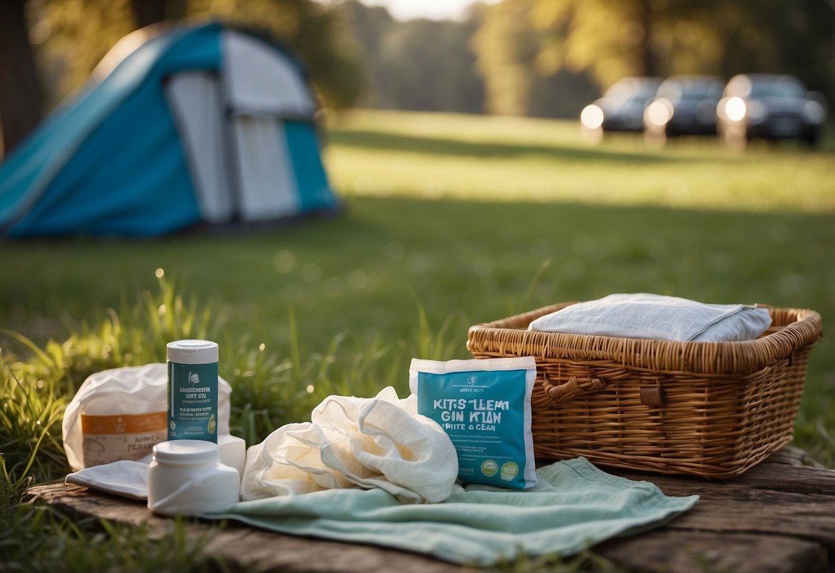 A pack of biodegradable wet wipes sits next to a kite and a picnic basket, with a checklist titled "7 Tips for Staying Clean on Kite Flying Trips" nearby