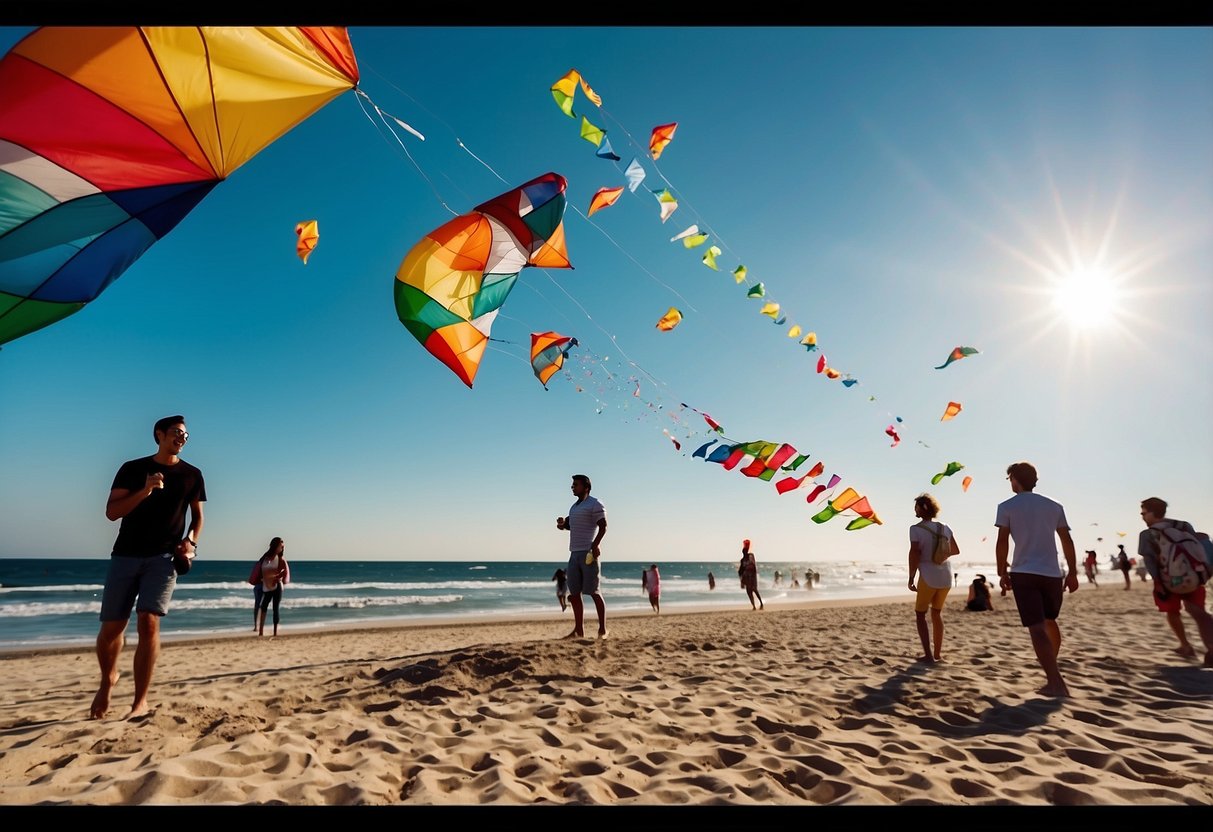A sunny beach with colorful kites flying in the sky, while a group of people use reusable water bottles and keep the area clean