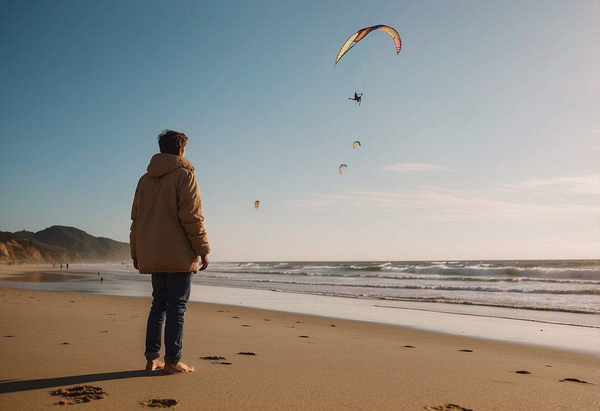 A figure in quick-dry clothing stands on a beach, kite flying in the distance. Sand and waves create a picturesque scene