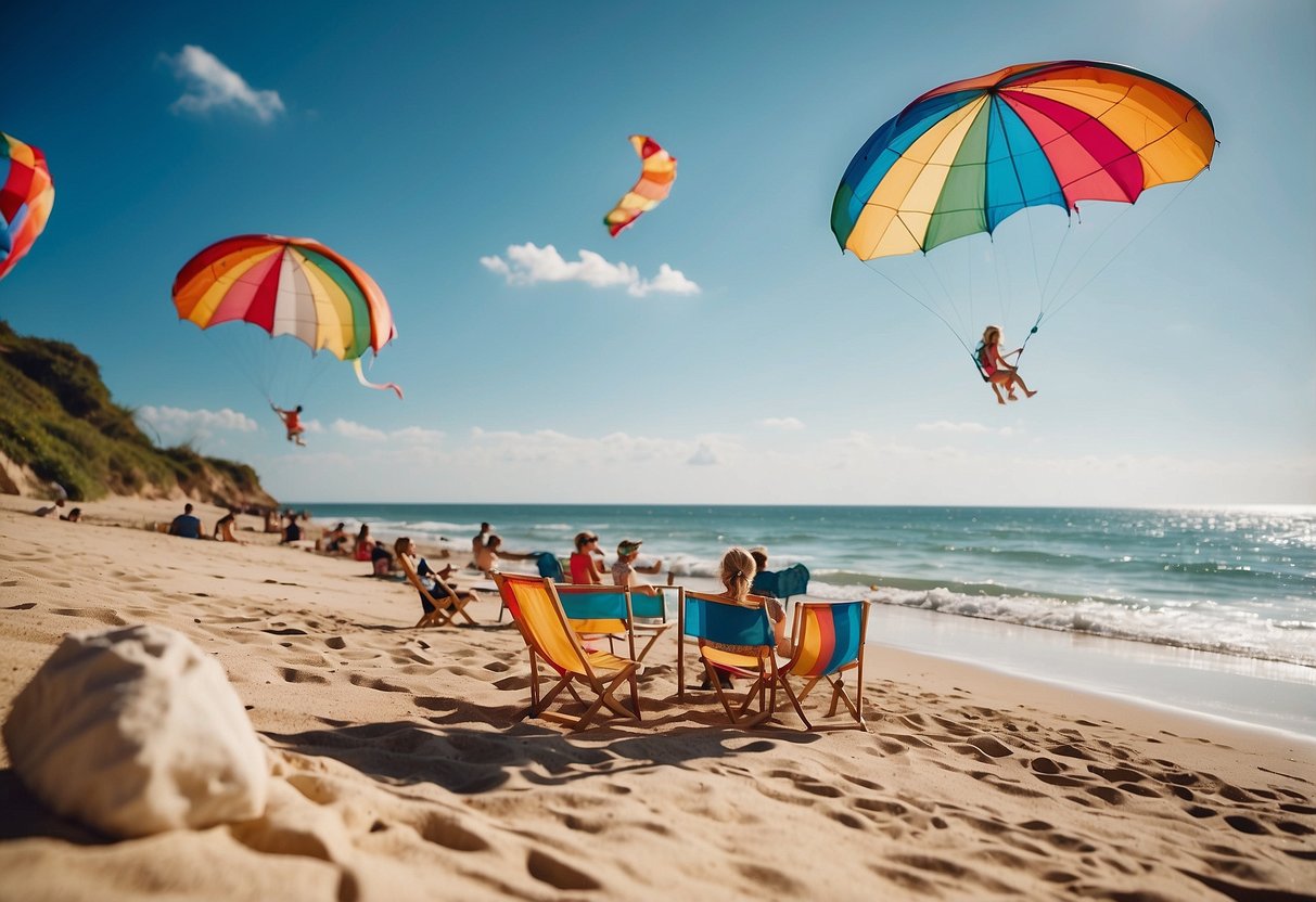 A sunny beach with colorful kites flying in the sky. A family picnic with eco-friendly sunscreen and a checklist of 7 tips for staying clean
