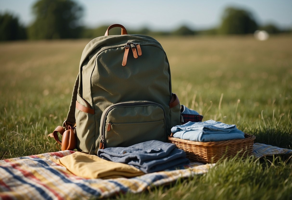 A backpack with neatly folded clothes lays next to a kite and picnic basket in a grassy field. The sun is shining and a gentle breeze blows