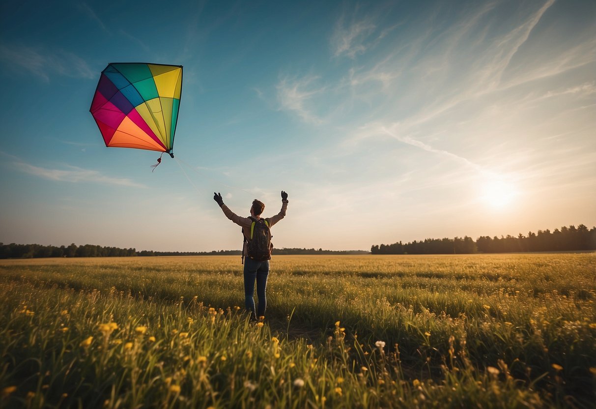 A clean, open field with a colorful kite flying high in the sky. A person is handling the kite with care, using gloves and a clean, untangled string