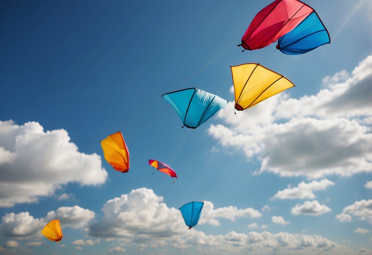 Bright sky, gentle breeze, colorful kites soaring. 5 hats shading faces, lightweight and protective