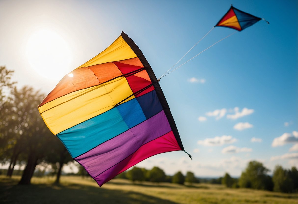 A colorful kite soars high in the sky, held aloft by a sturdy, lightweight adventure hat. The sun shines brightly as the hat provides protection from its rays