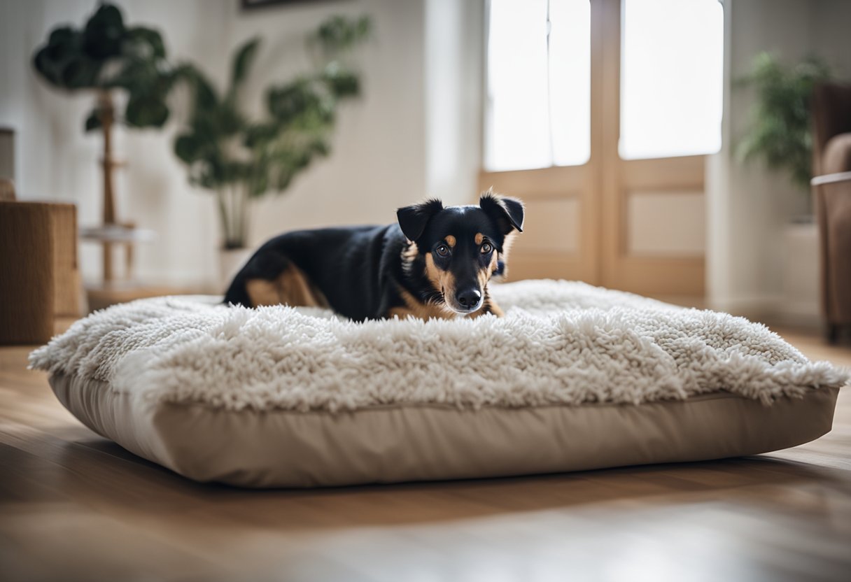 A dog's bed sits in a clean, well-lit room. A fluffy pillow and blanket are neatly arranged. A hand reaches in to fluff the pillow, while a vacuum sits nearby