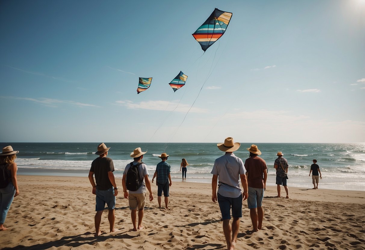 A sunny day at the beach with kite flyers wearing lightweight hats, shielding them from the sun's rays