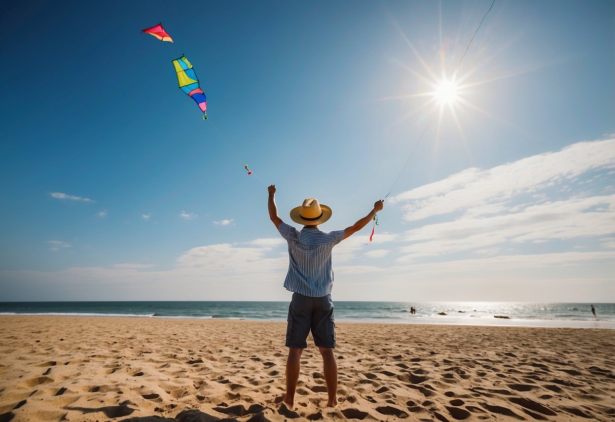 A sunny day at the beach with a clear blue sky. A person wearing a lightweight kite flying hat, with a wide brim for sun protection, enjoys flying a colorful kite in the breeze