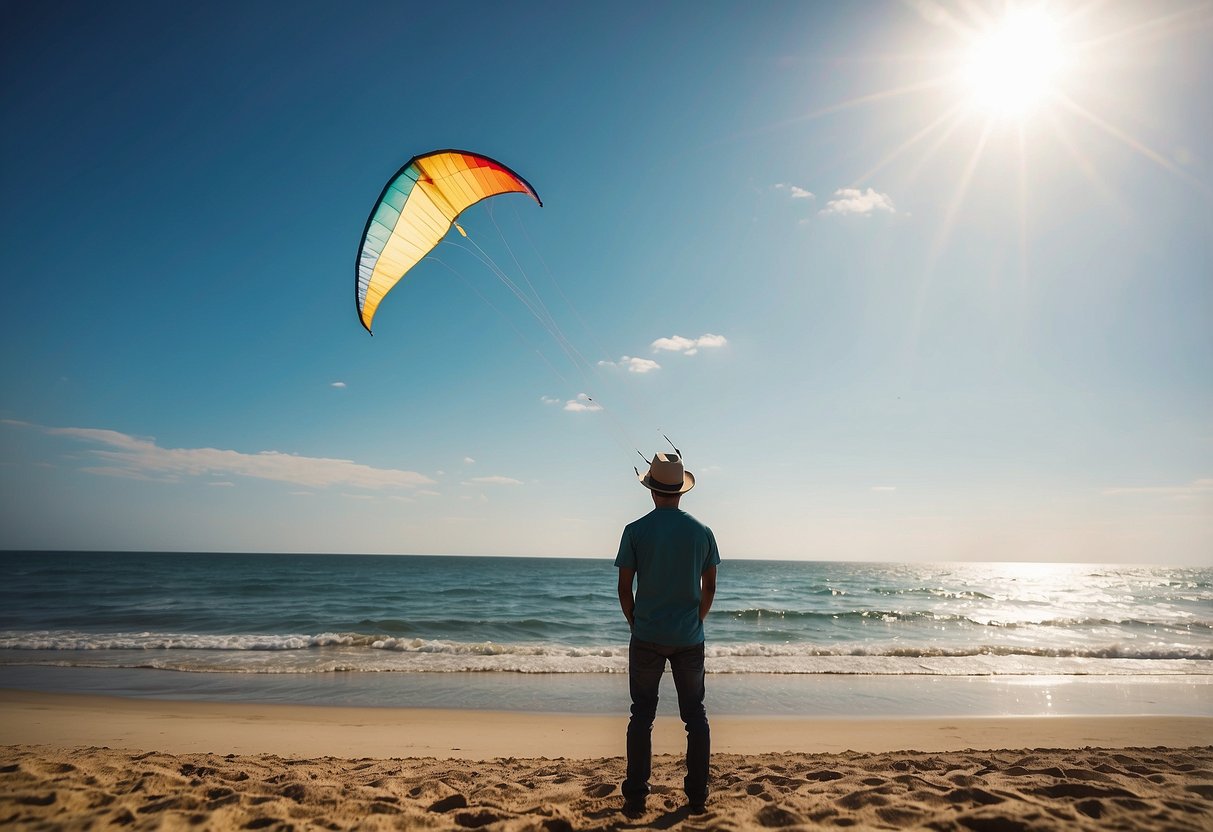 A sunny day at the beach, a colorful kite flying high in the sky, with a lightweight hat providing sun protection for the kite flyer