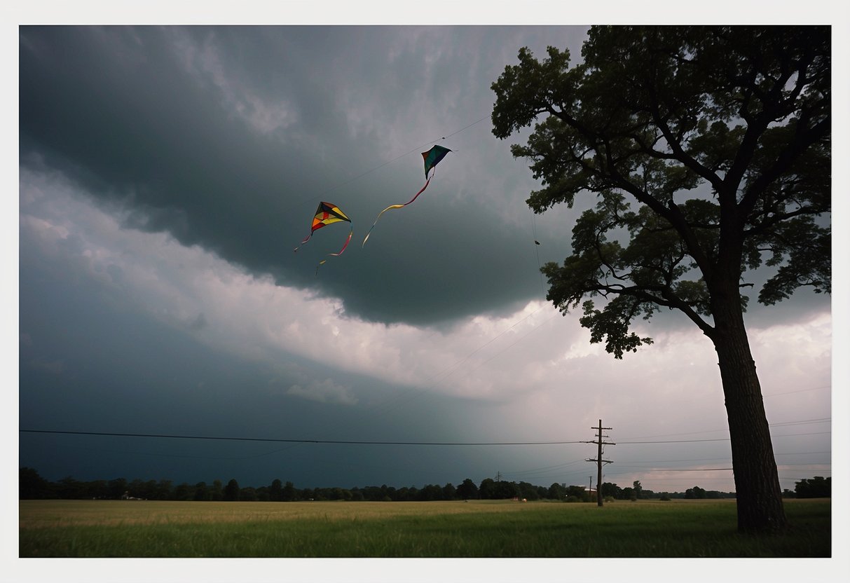 The sky darkens as storm clouds gather. A kite gets tangled in a tree. A kite flyer rushes to untangle it. Another kite gets caught in power lines. The flyer calls for help