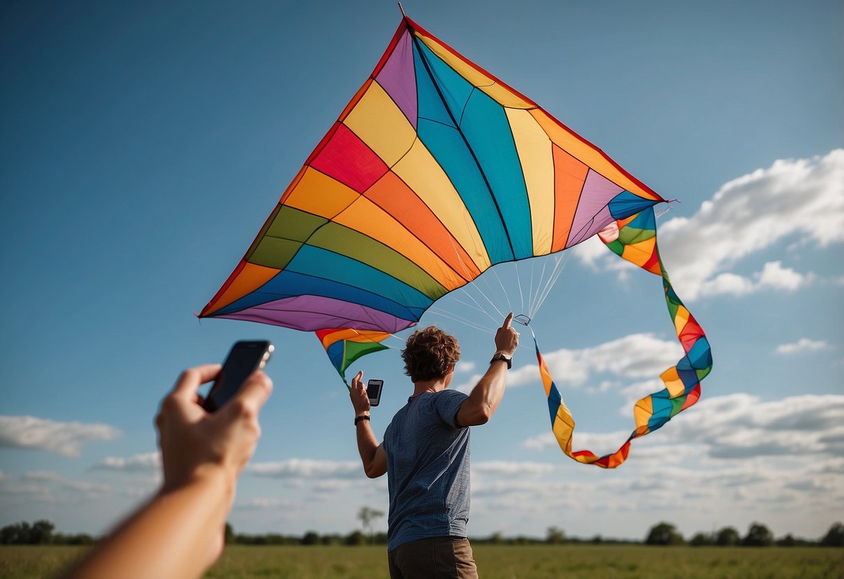 A person flies a kite while holding a mobile phone. The phone displays 10 different emergency contacts and resources for handling emergencies while kite flying